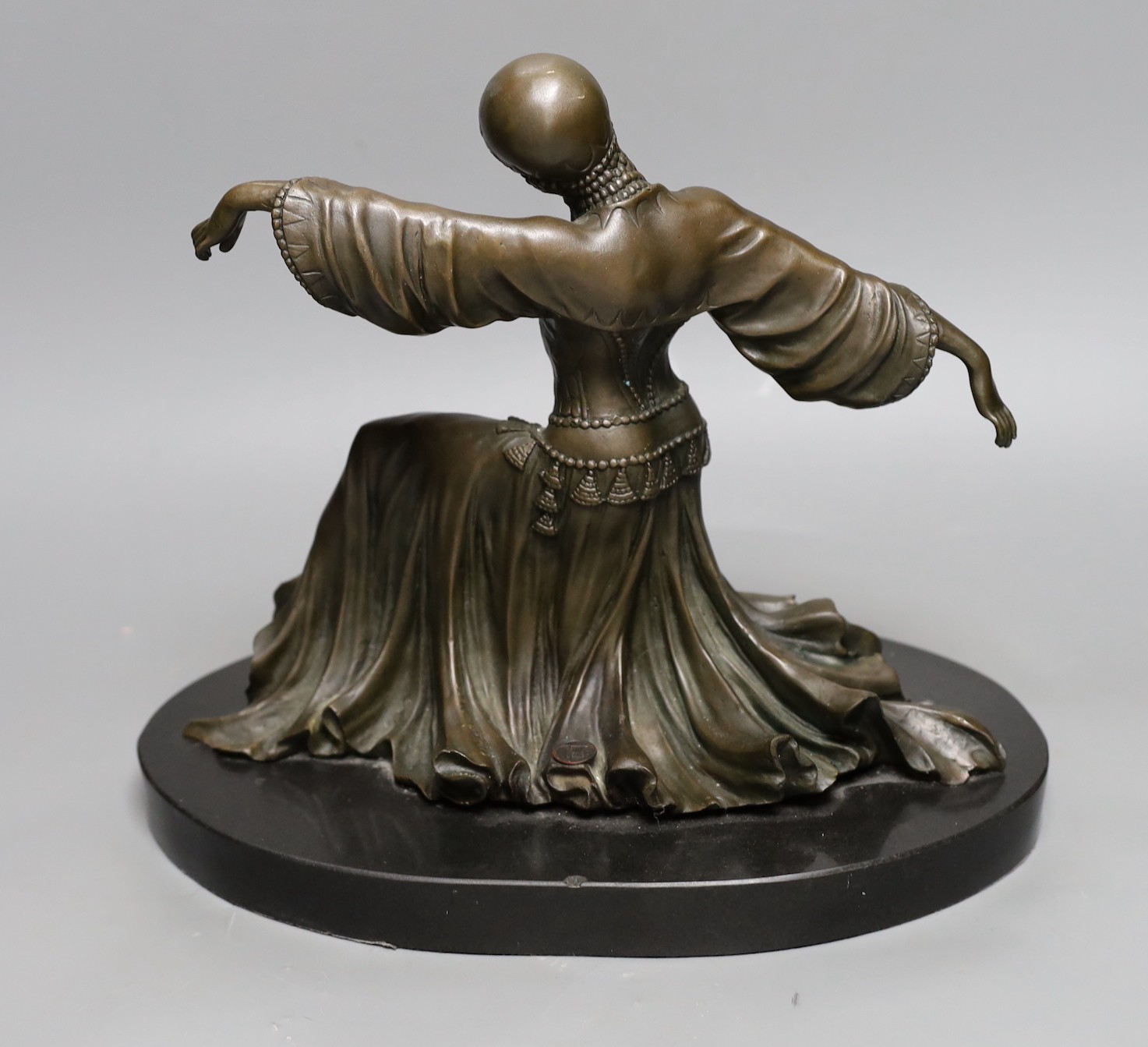 After Demétre Haralamb Chiparus (1886 – 1947), bronze of a female dancer, Talos Gallery tablet to reverse, 28cm